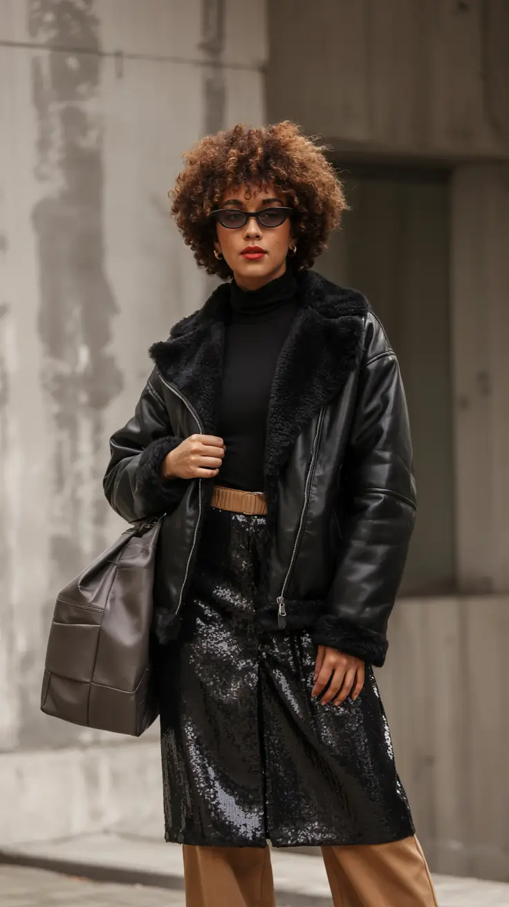 nyc winter outfits Black Leather Meets Sequin Drama