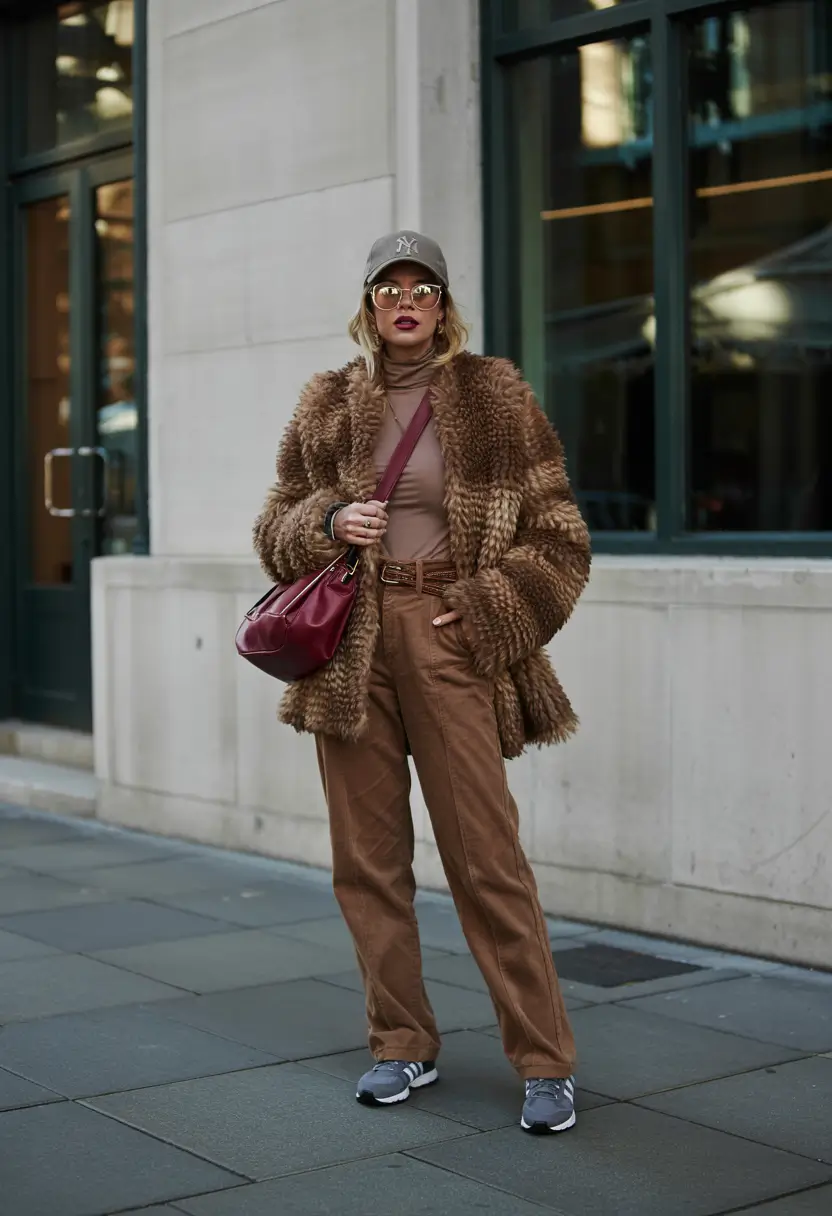 nyc winter outfits Tonal Browns With a Pop of Burgundy