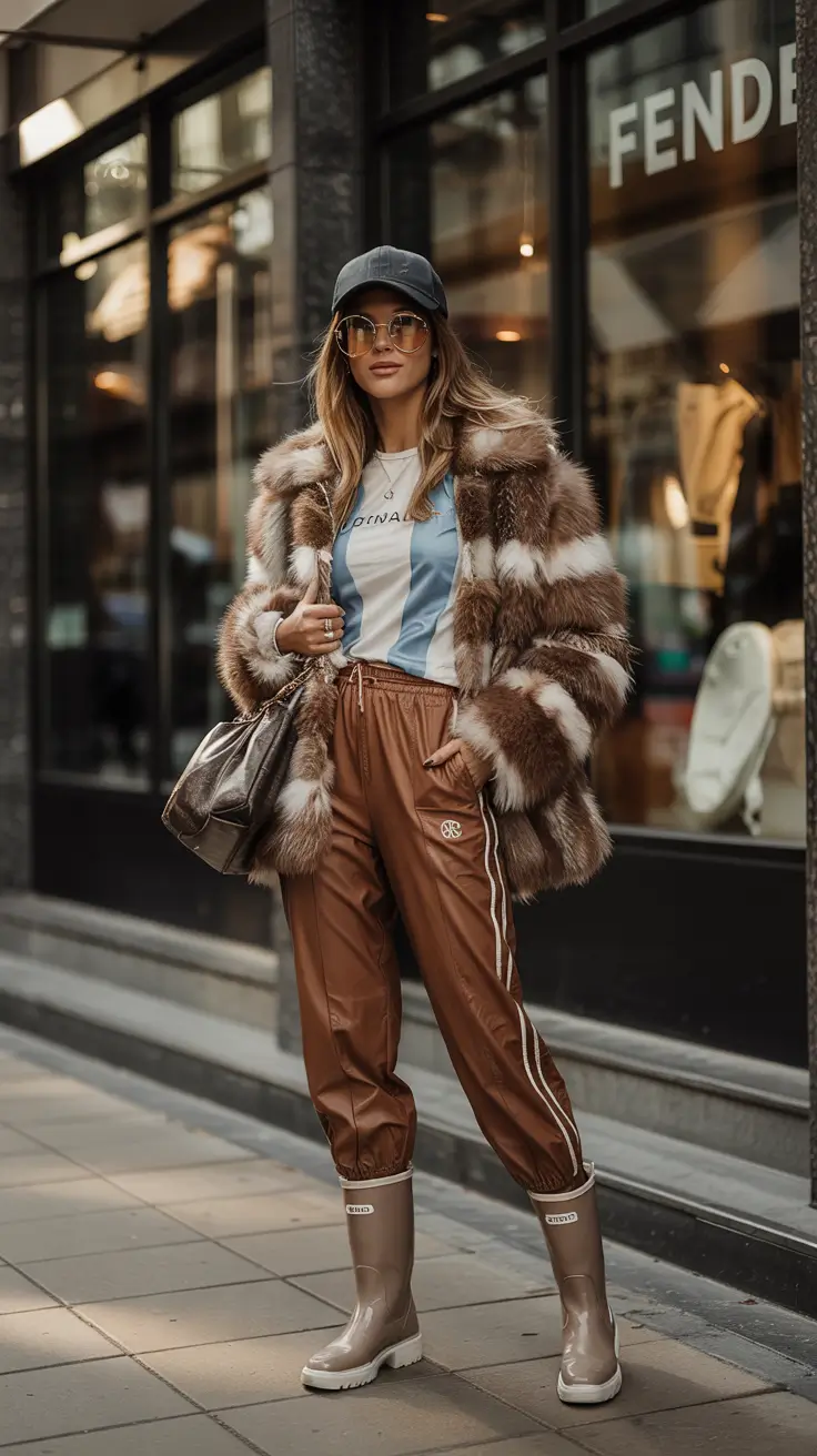 nyc winter outfits Sporty Stripes and Faux Fur