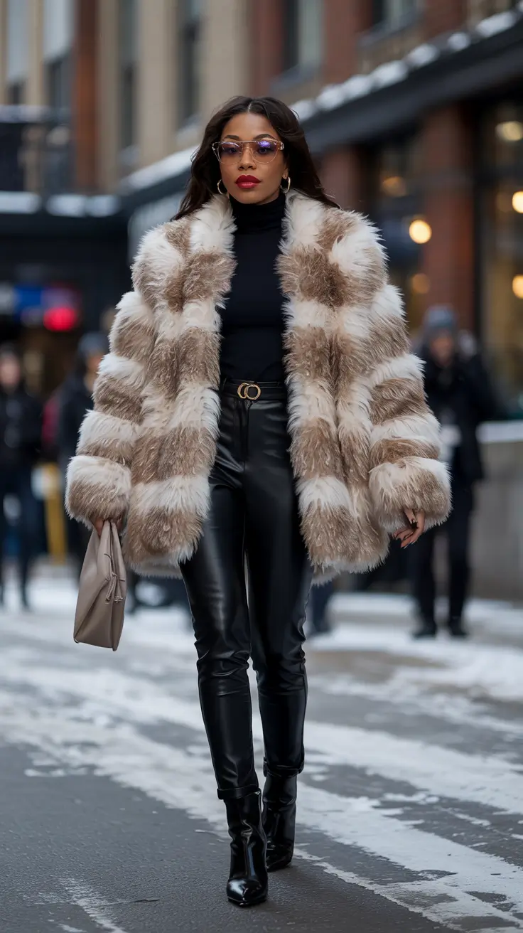 nyc winter outfits Leather and Luxe Fur Power Look