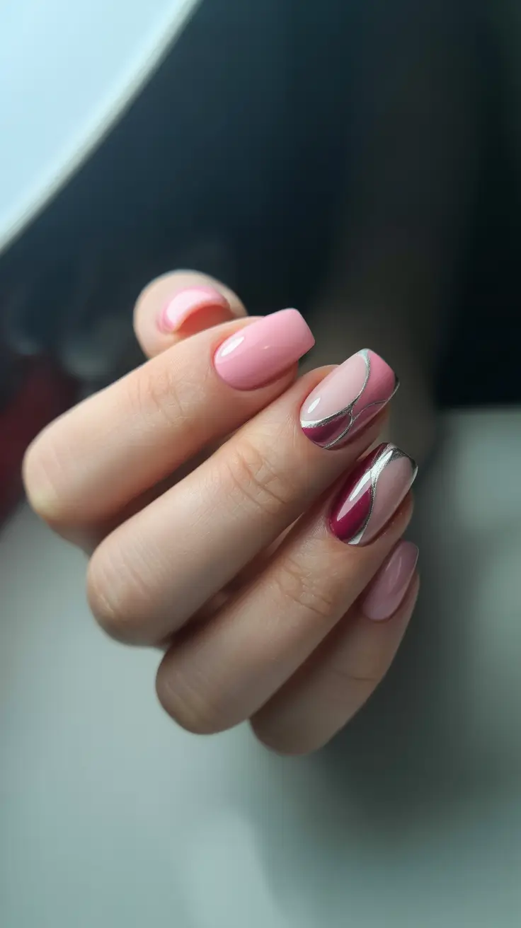 pink christmas nails 2025 Berry Ribbon Waves
