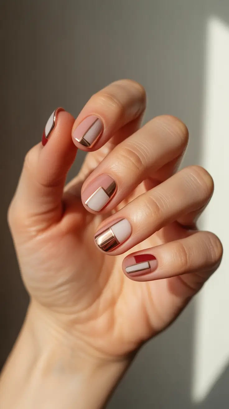 pink christmas nails 2025 Rose Gold Geometry