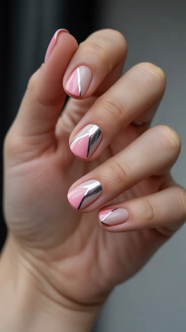 pink christmas nails 2025 Candy Pink and Silver Slants