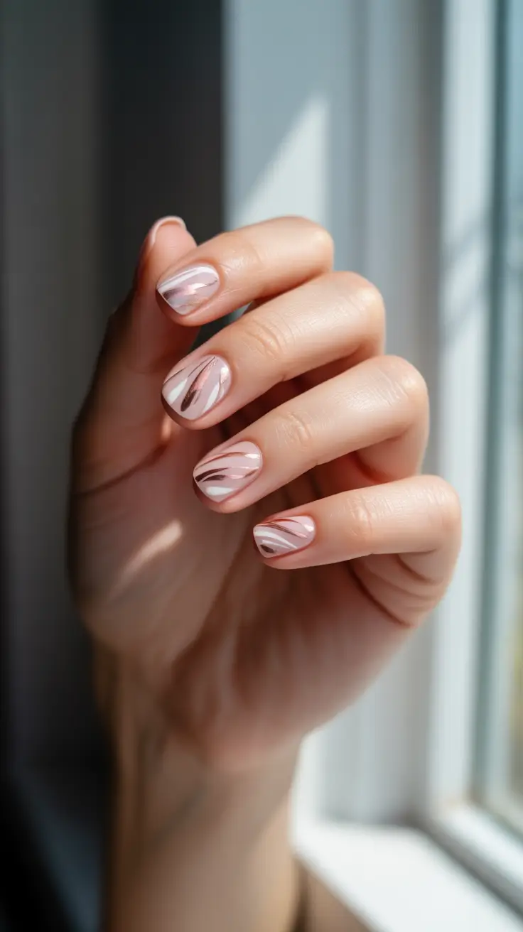 pink winter nails 2025-2026 metallic ribbon flow