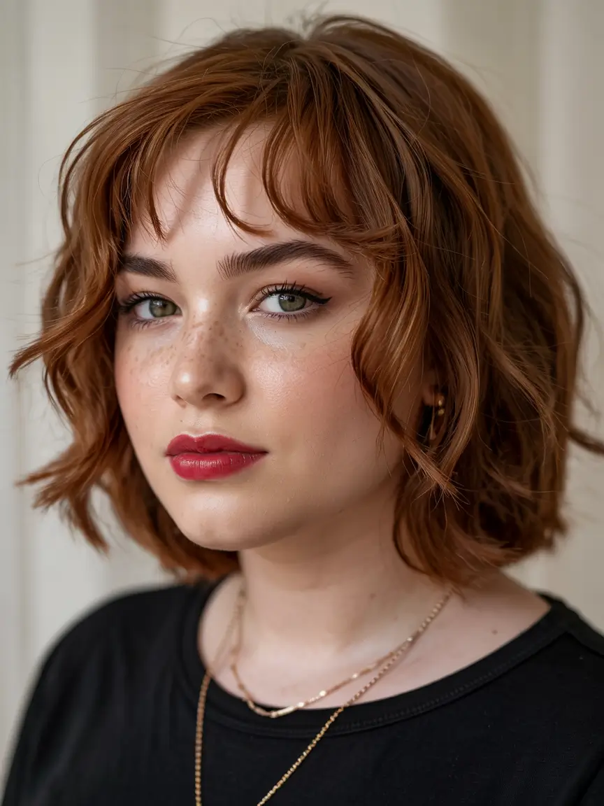 Winter Haircuts for Plus Size Women Soft copper bob with wispy fringe