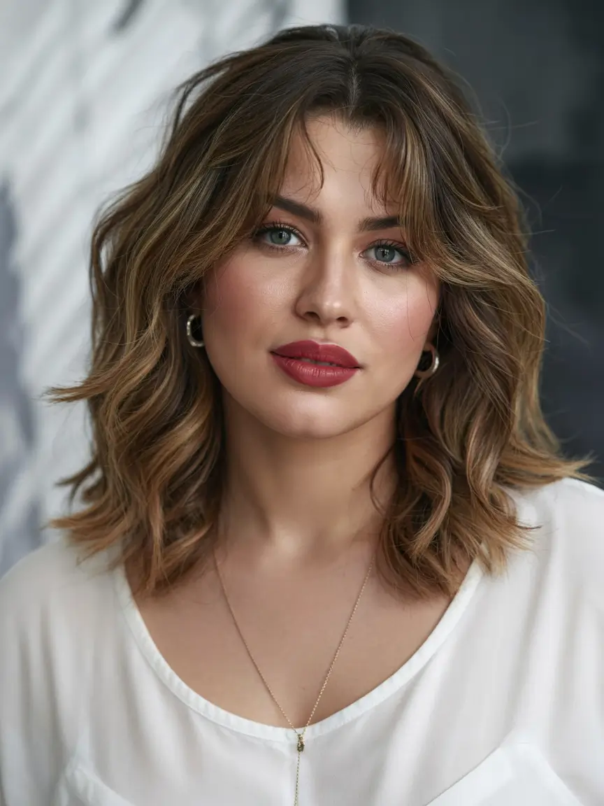 Winter Haircuts for Plus Size Women Shaggy lob with curtain fringe