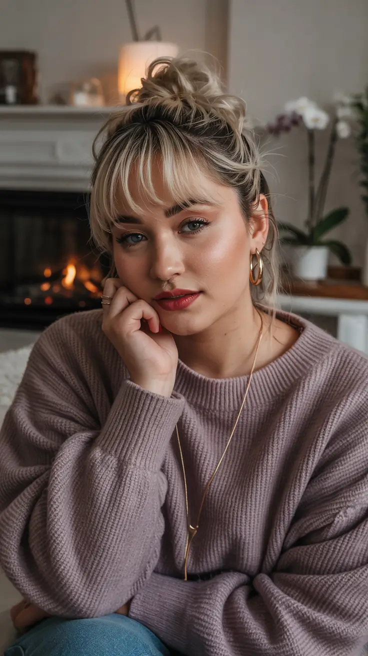 Winter Haircuts for Plus Size Women Cozy topknot with wispy bangs