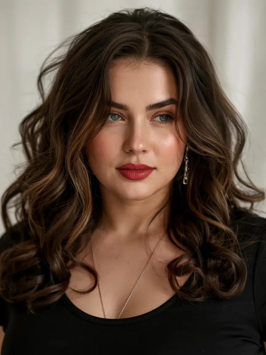 Winter Haircuts for Plus Size Women Voluminous chocolate curls