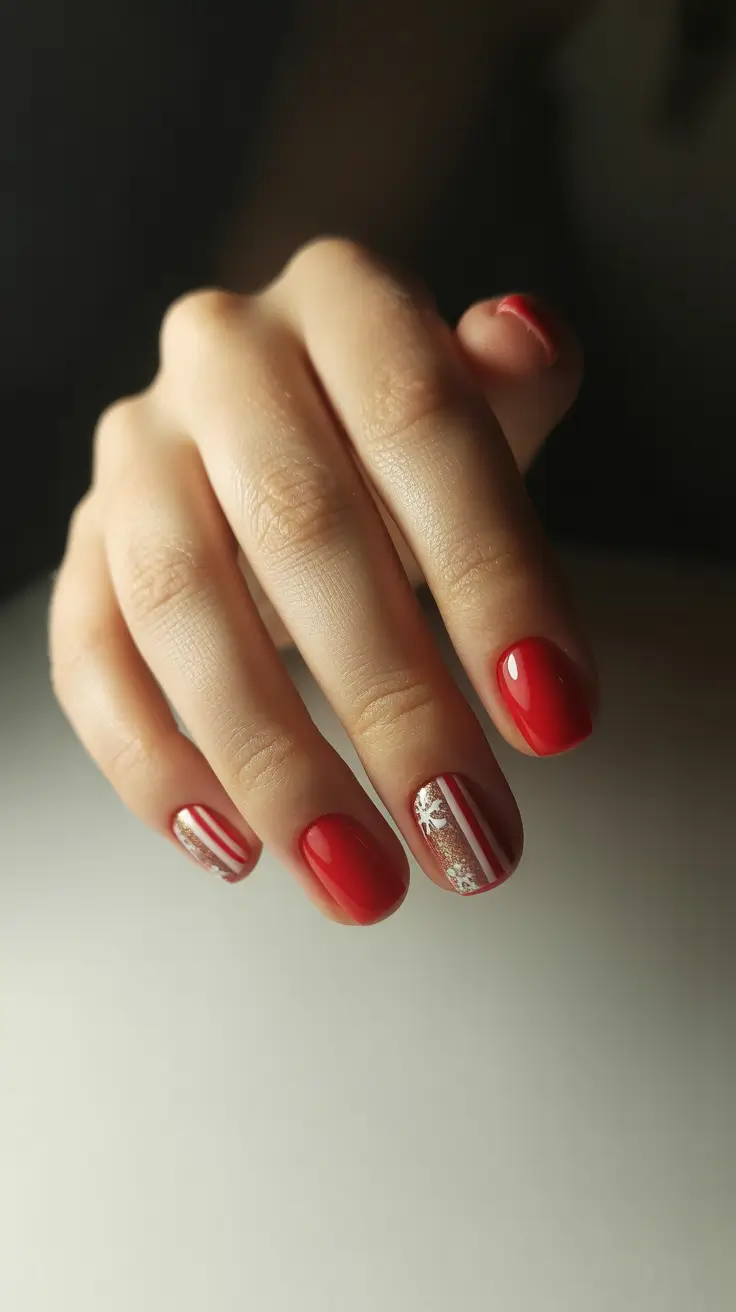 red christmas nails ideas 2025 Classic Scarlet Glow with Candy Stripe Accents