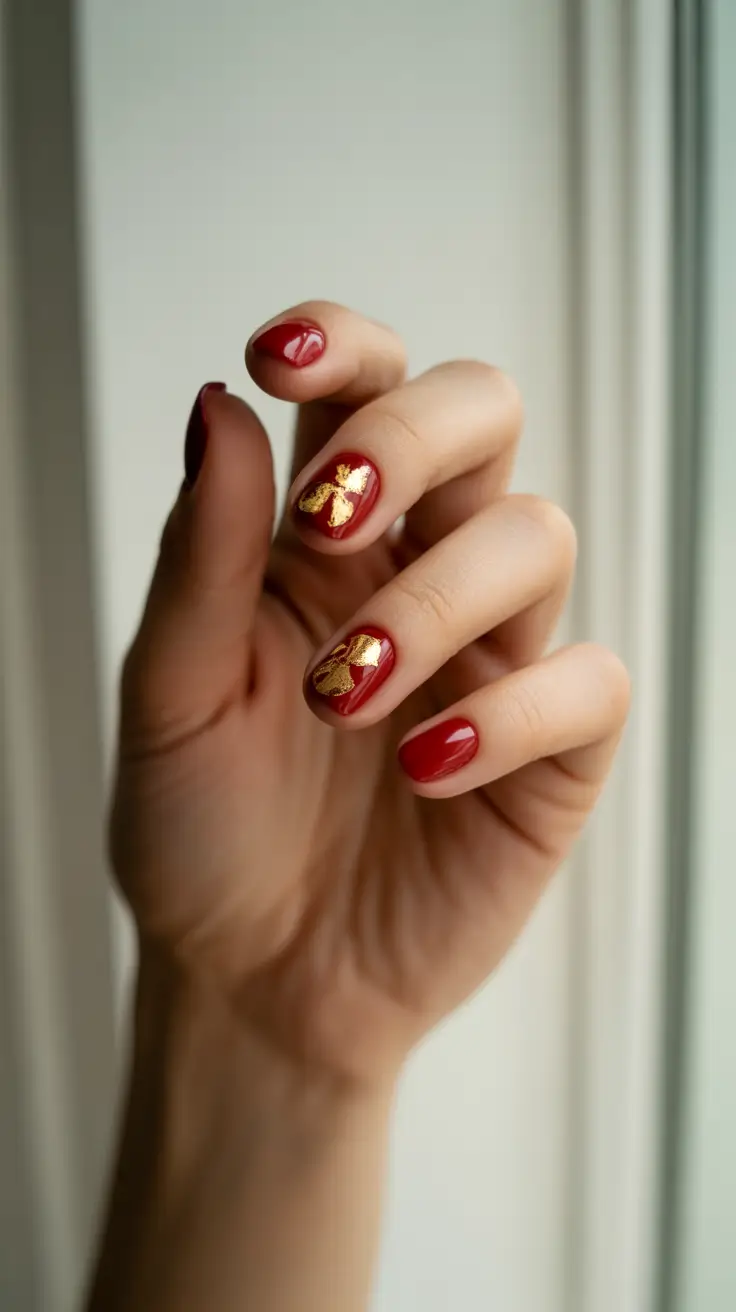 red christmas nails ideas 2025 Golden Bow Elegance