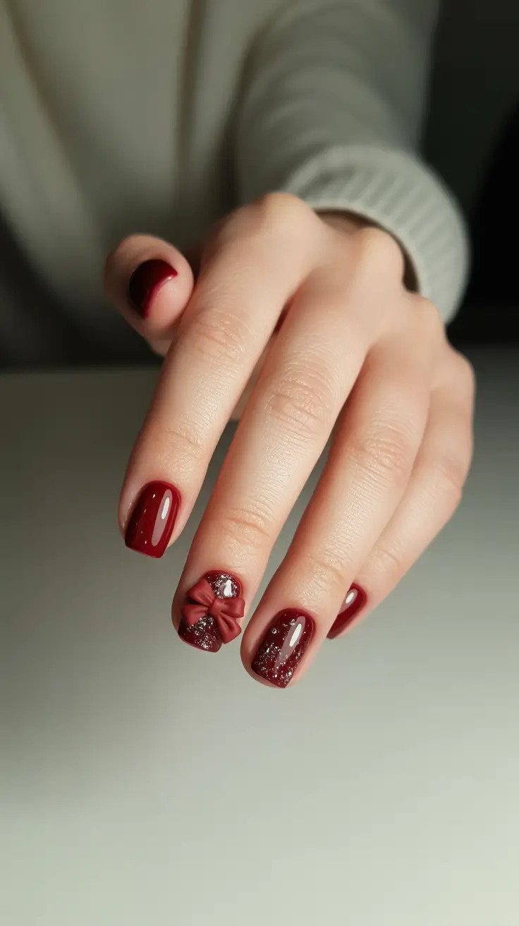 red christmas nails ideas 2025 Cherry Bow Perfection