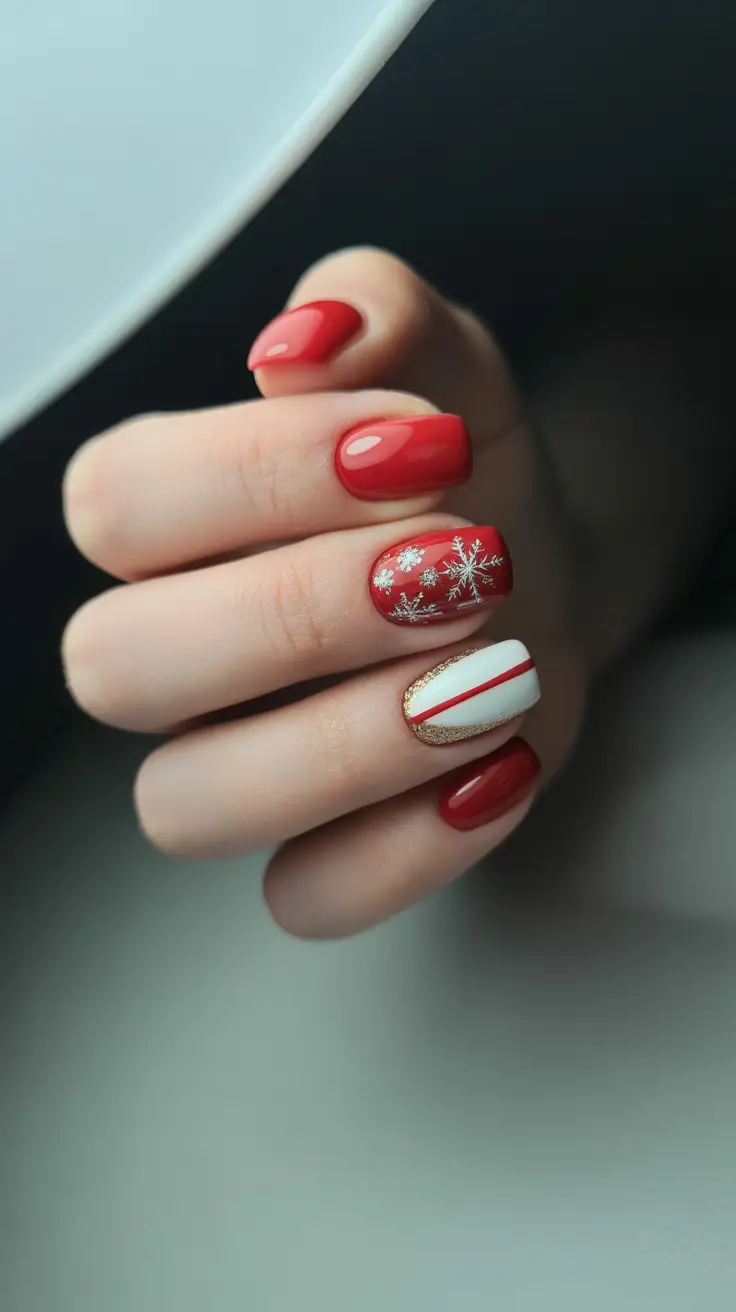 red christmas nails ideas 2025 Classic White and Red Holiday Mix