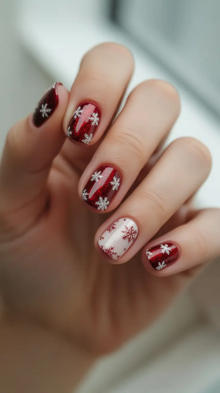 red christmas nails ideas 2025 Sparkly Snowfall Blend