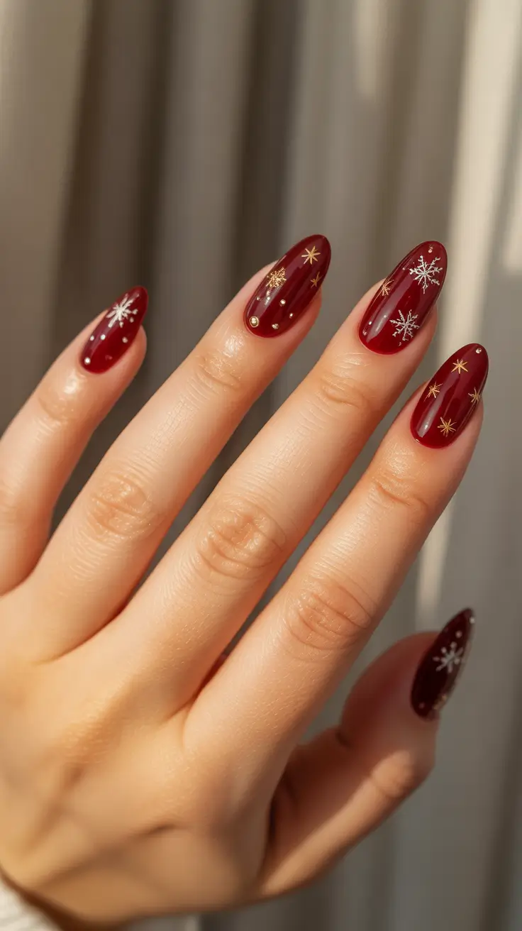 red christmas nails ideas 2025 Golden Starry Night