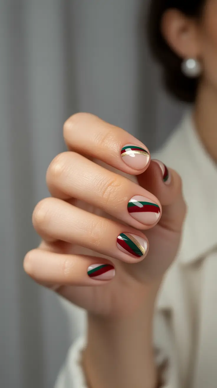 red christmas nails ideas 2025 Retro Holiday Stripes