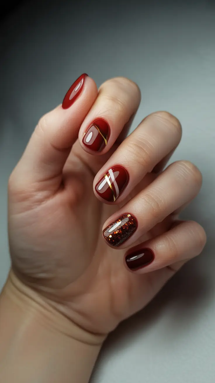 red christmas nails ideas 2025 Crimson and Copper Glow