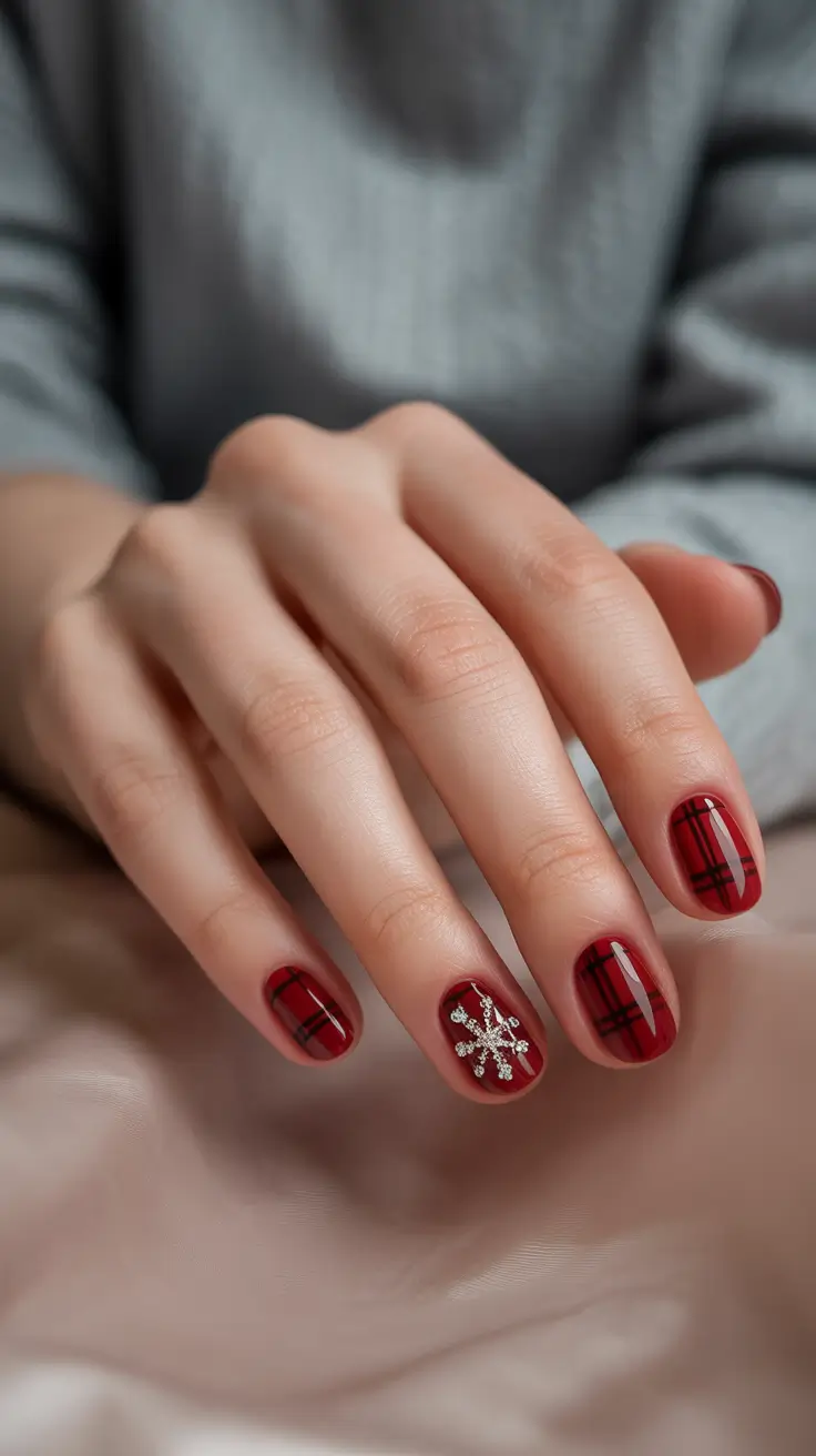 red christmas nails ideas 2025 Festive Red Plaid Charm