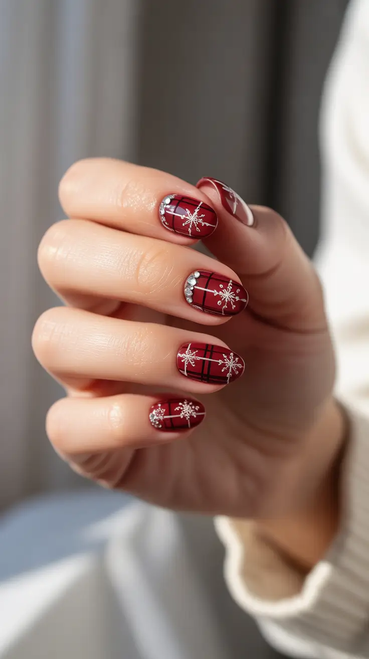 red christmas nails ideas 2025 Glistening Snowflake Symphony