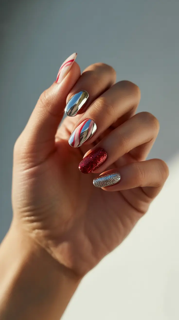 red christmas nails ideas 2025 Modern Candy Cane Chrome