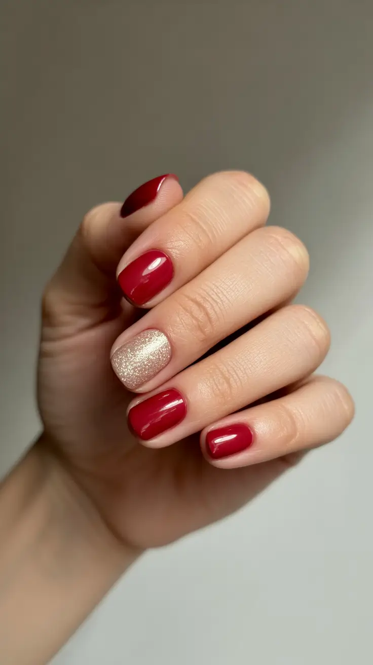 red christmas nails ideas 2025 Minimal Red with Golden Spark