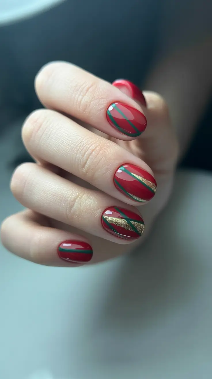 red christmas nails ideas 2025 Green and Gold Ribbon Twist