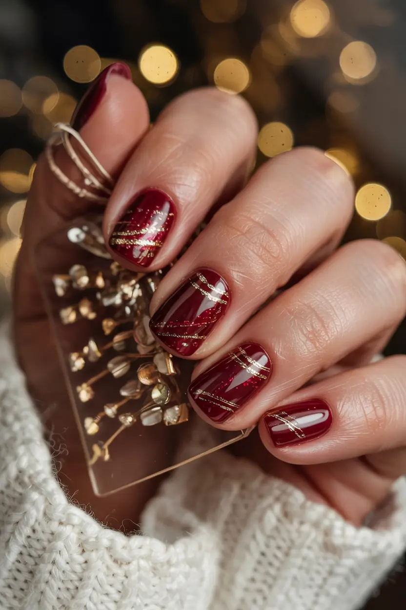 red winter nails Golden Ribbon Elegance