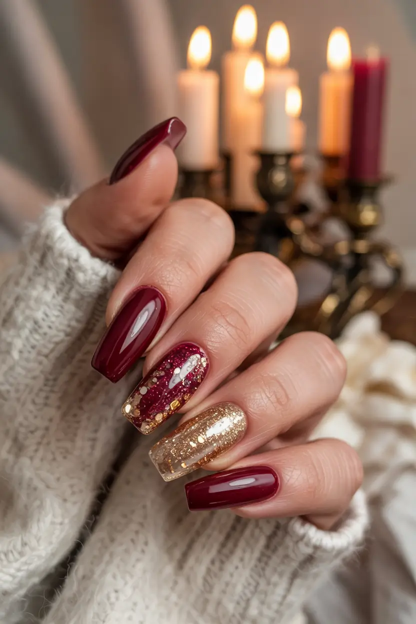 red winter nails Red and Gold Luxe Square