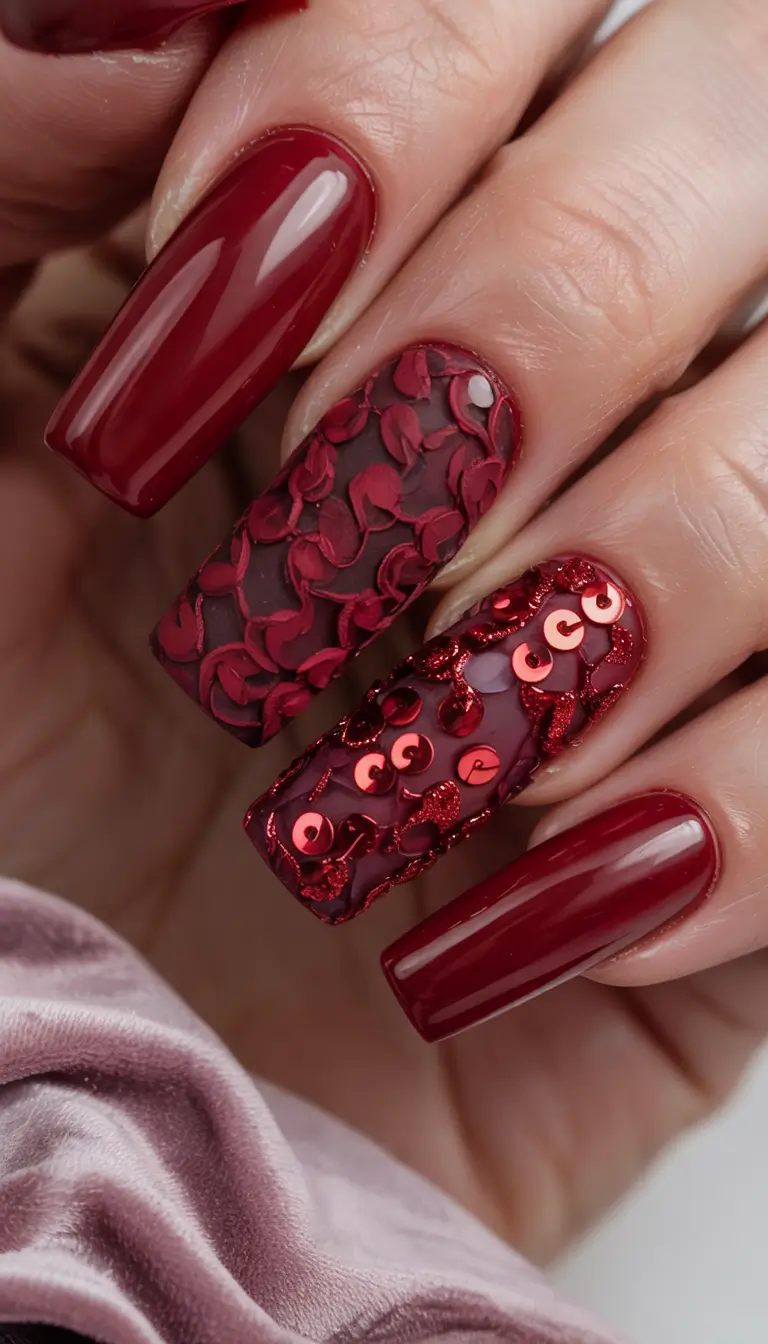 red winter nails Textured Sequined Drama