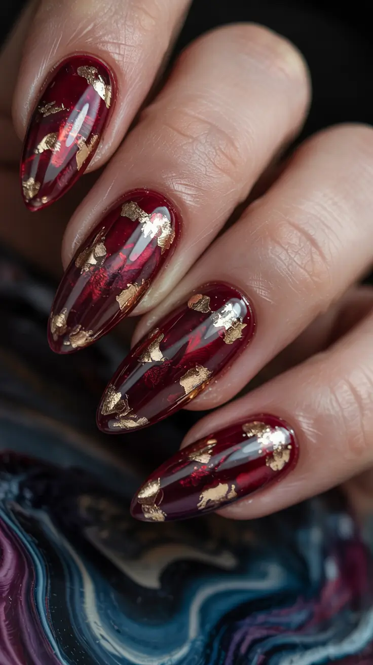 red winter nails Gilded Cranberry Almonds