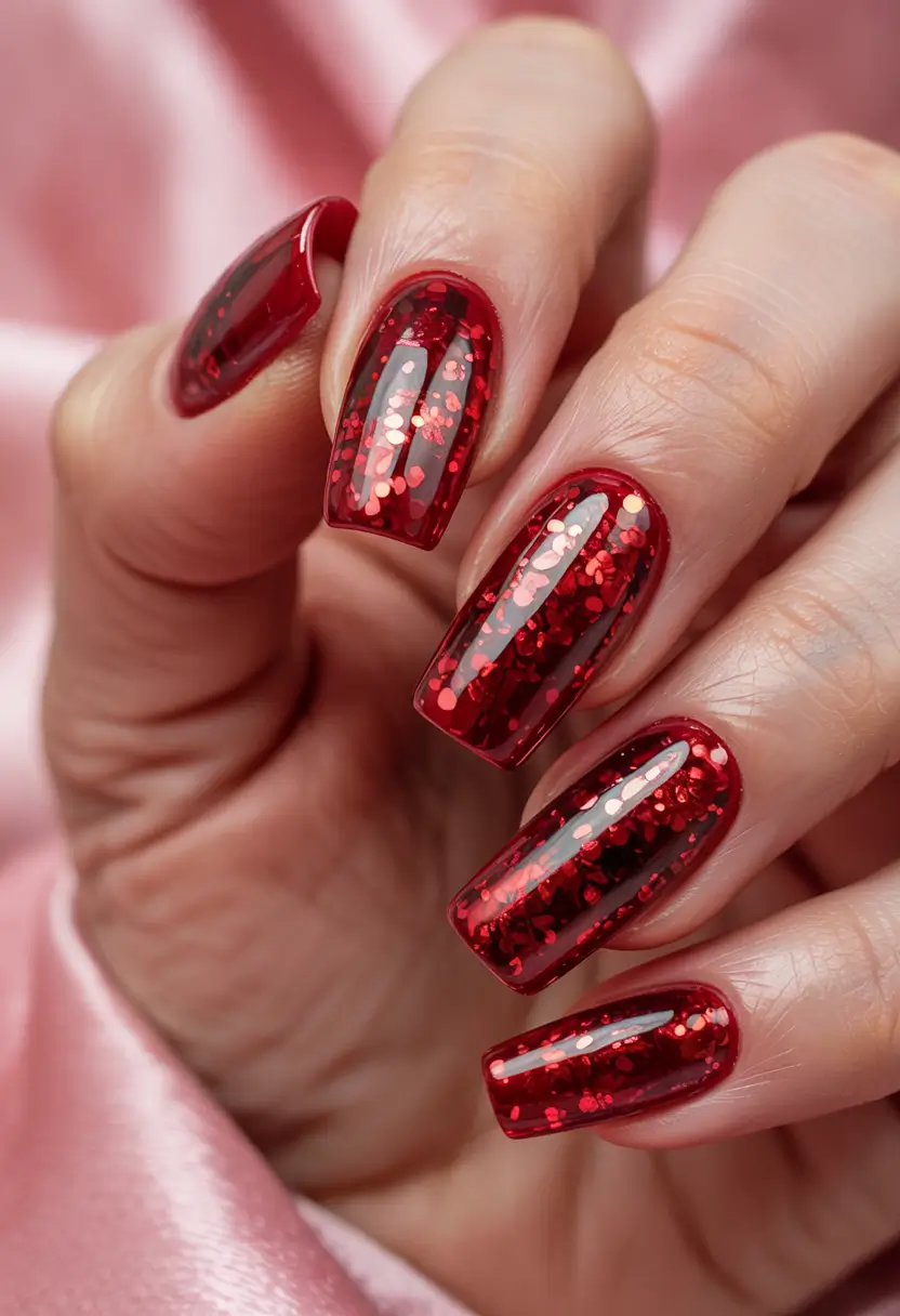 red winter nails 2025 glitter infused red for festive glam