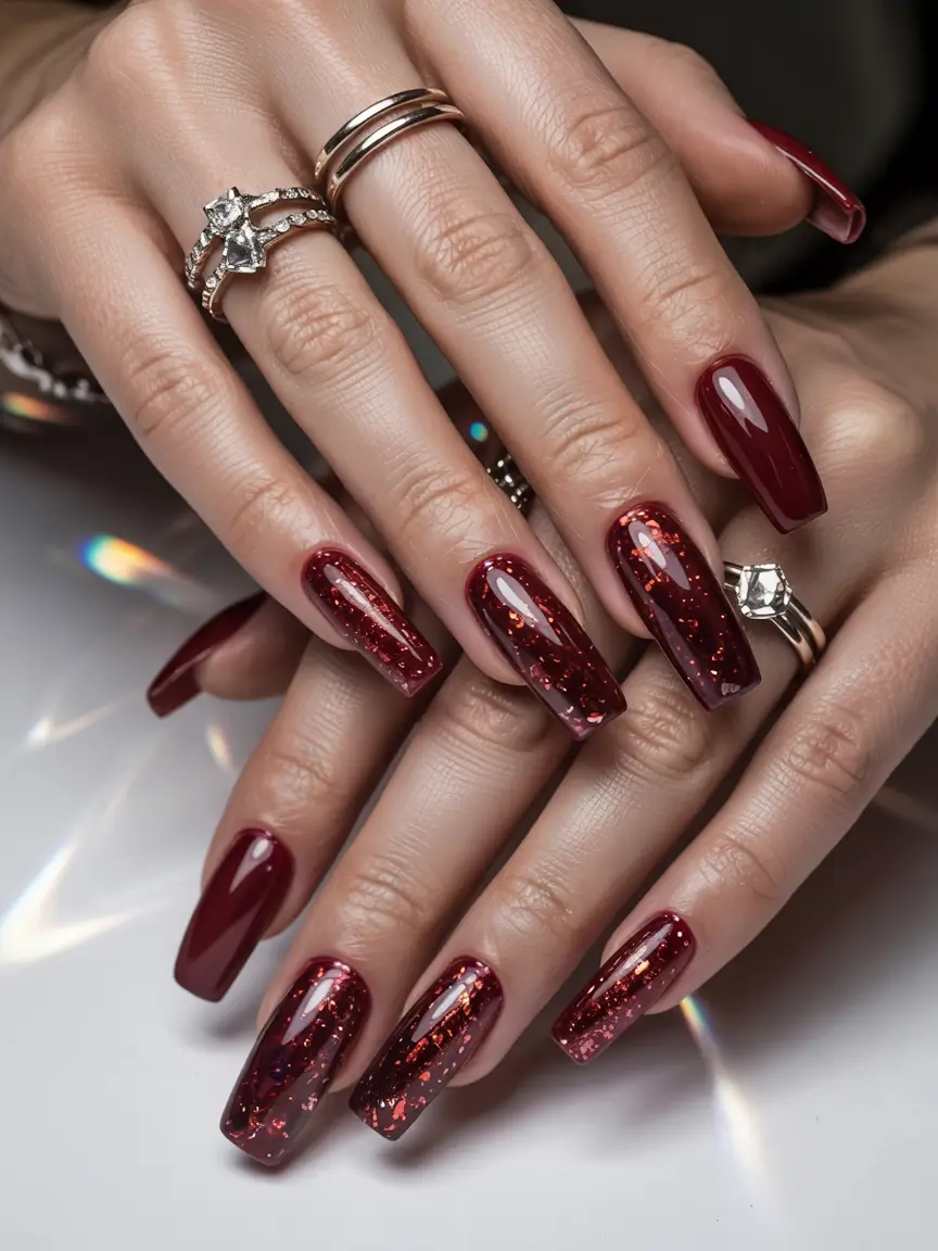red winter nails 2025 glamorous red square with sparkling foil
