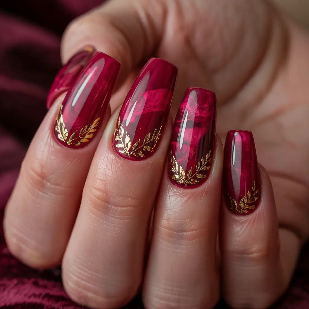 red winter nails Regal Marbled Burgundy with Gold