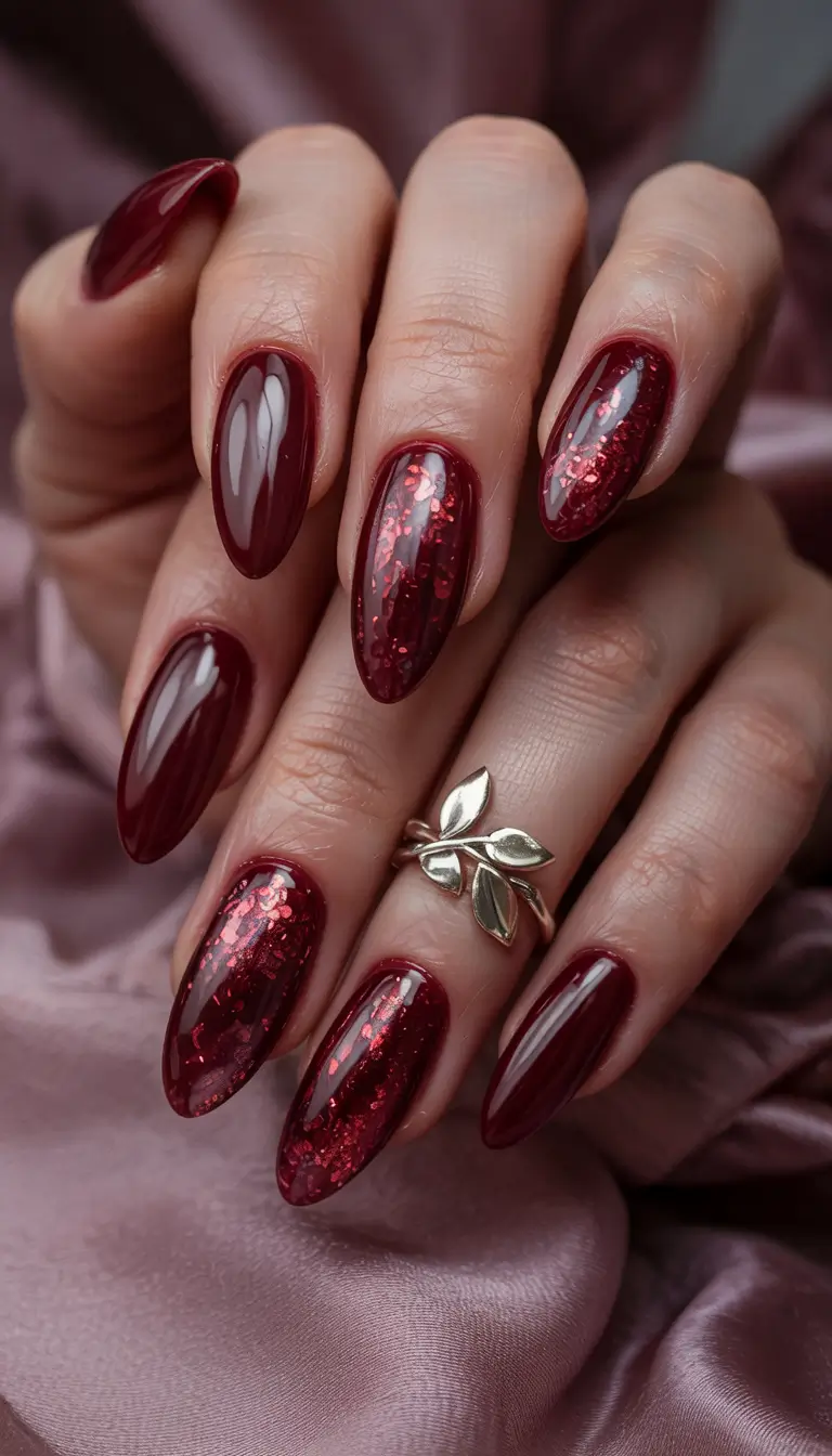red winter nails Almond Ruby Glitter Glaze