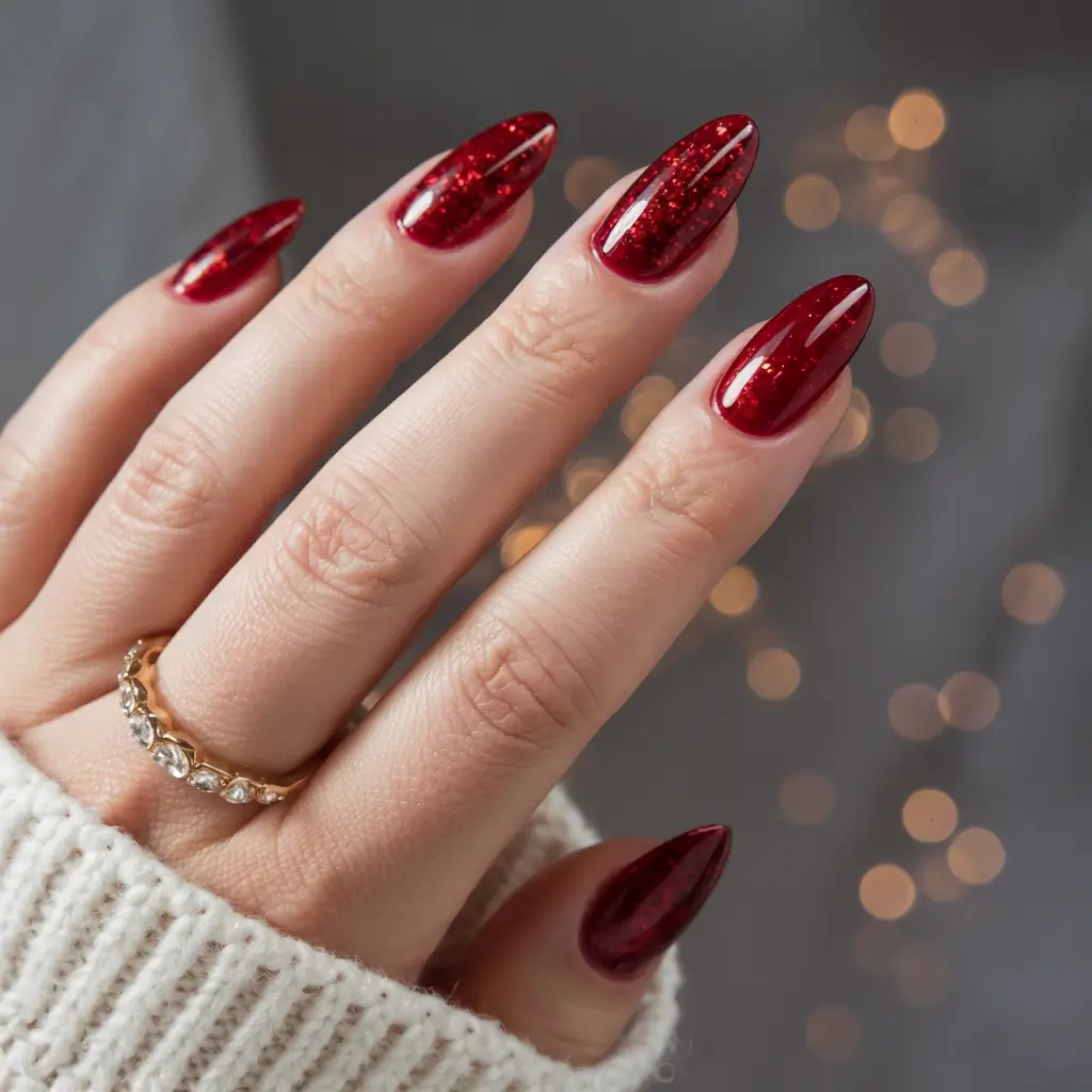 red winter nails Festive Sparkle Almonds