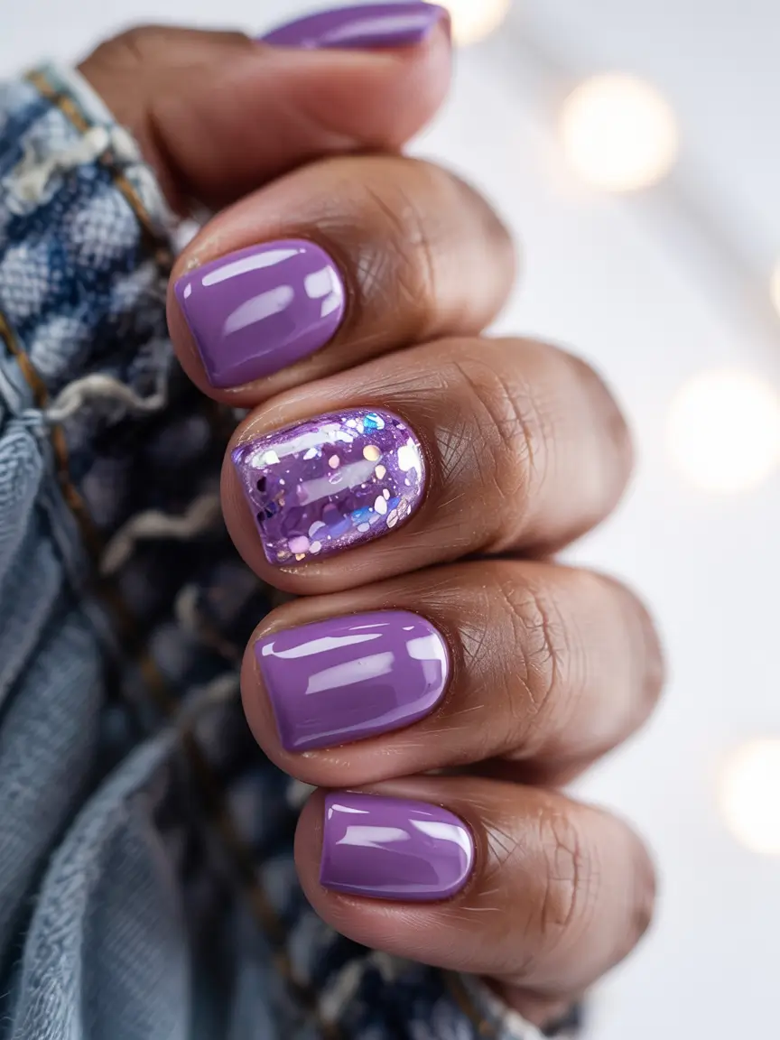 short winter gel nails design and color ideas playful purple with a hint of sparkle