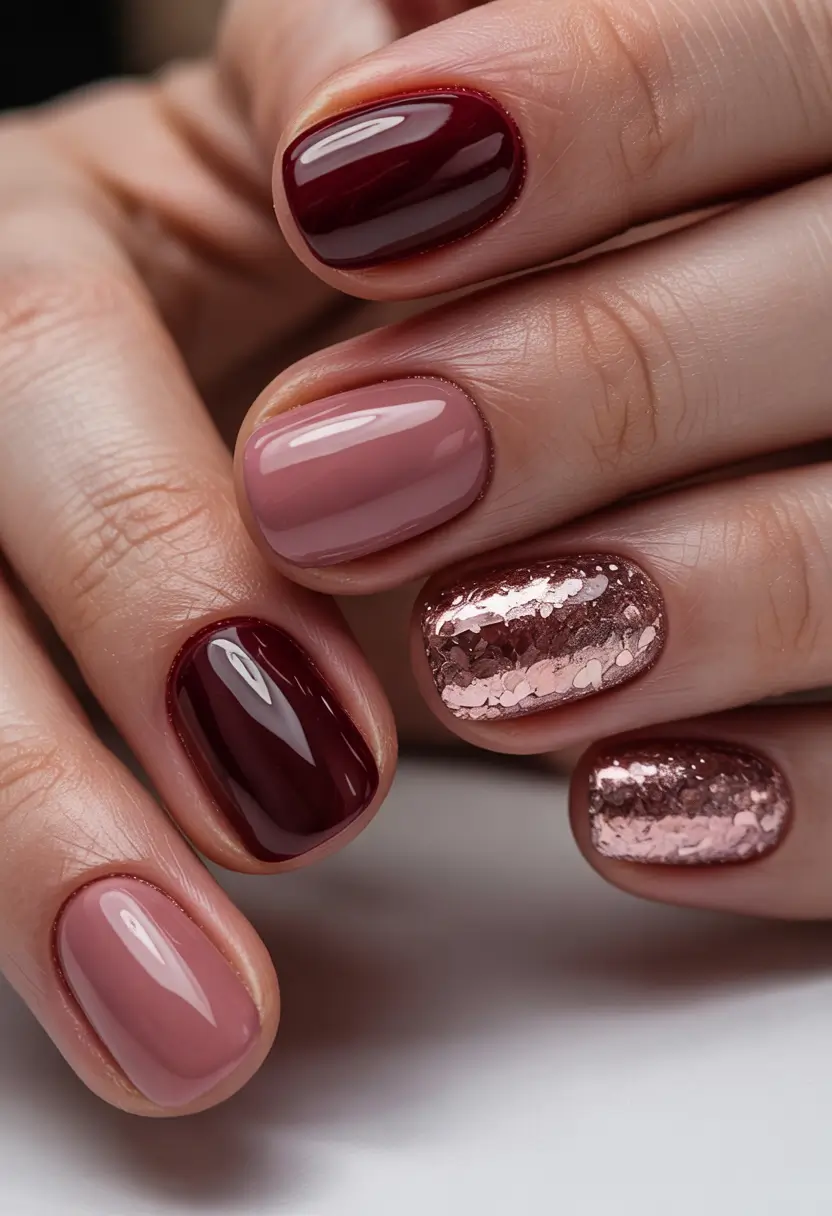 short winter gel nails design and color ideas rose gold and wine luxe