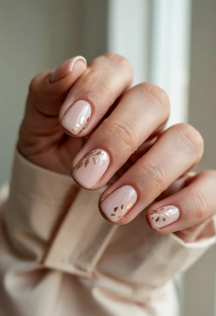short winter gel nails design and color ideas milky white with golden details