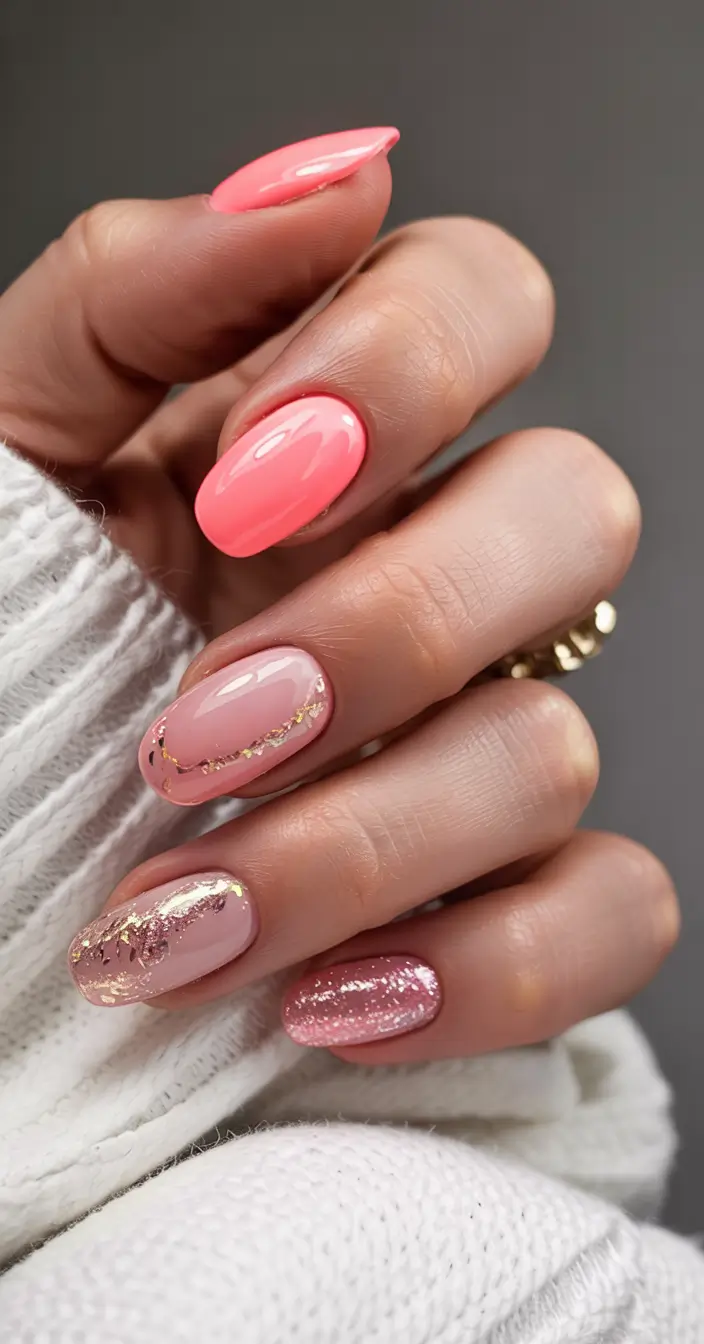 short winter gel nails design and color ideas pink sparkle gold foil
