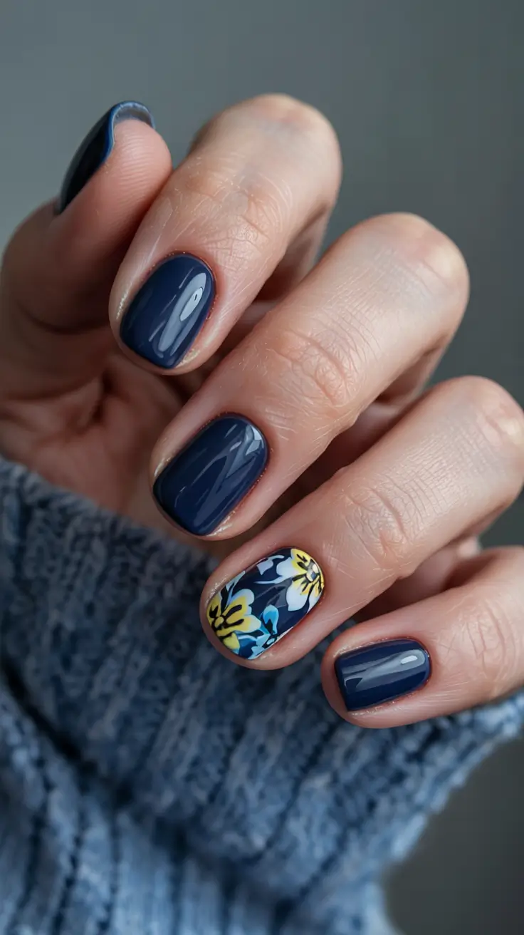 short winter gel nails design and color ideas midnight navy with florals