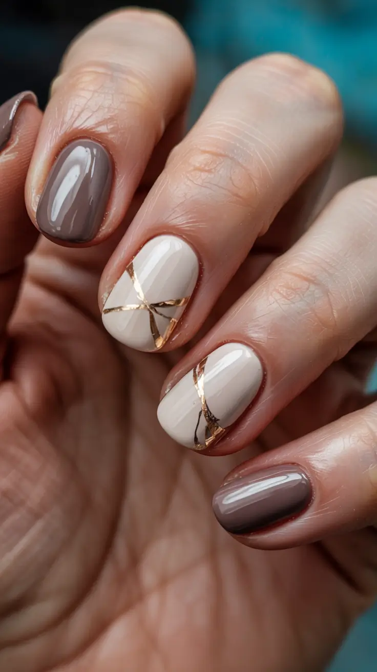 short winter gel nails design and color ideas soft neutrals with golden lines