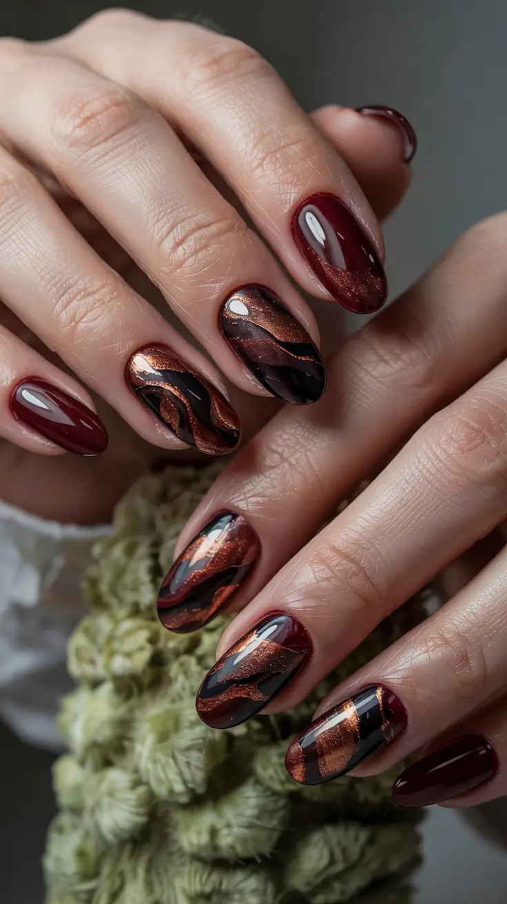 short winter gel nails design and color ideas molten metallic swirls