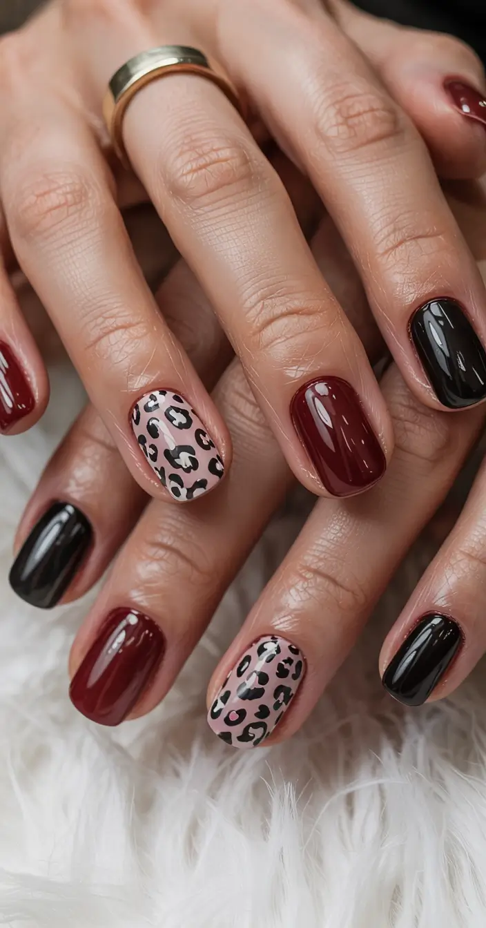 short winter gel nails design and color ideas leopard accents with bold contrast