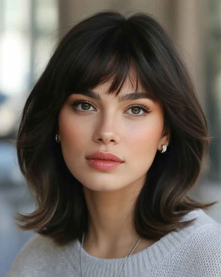 short winter haircuts 2025 - 2026 layered shoulder-length bob with bangs