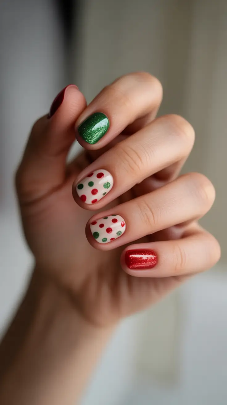 simple christmas nails ideas 2025 playful polka dots in classic christmas colors