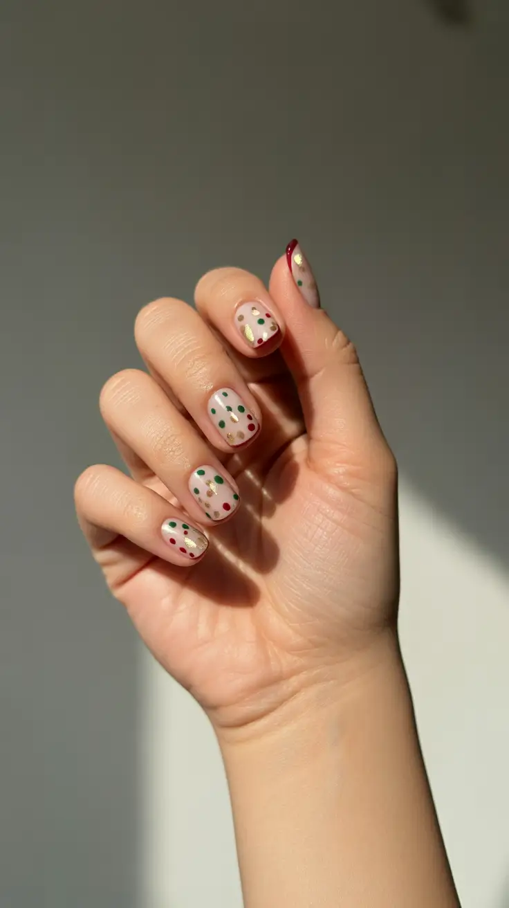 simple christmas nails ideas 2025 golden confetti on nude base