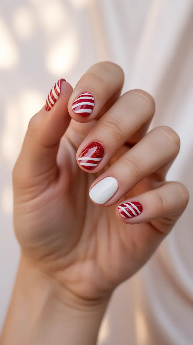 simple christmas nails ideas 2025 classic candy cane twist