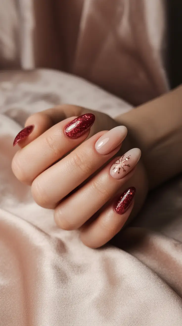 simple christmas nails ideas 2025 red glitter and nude spark elegance