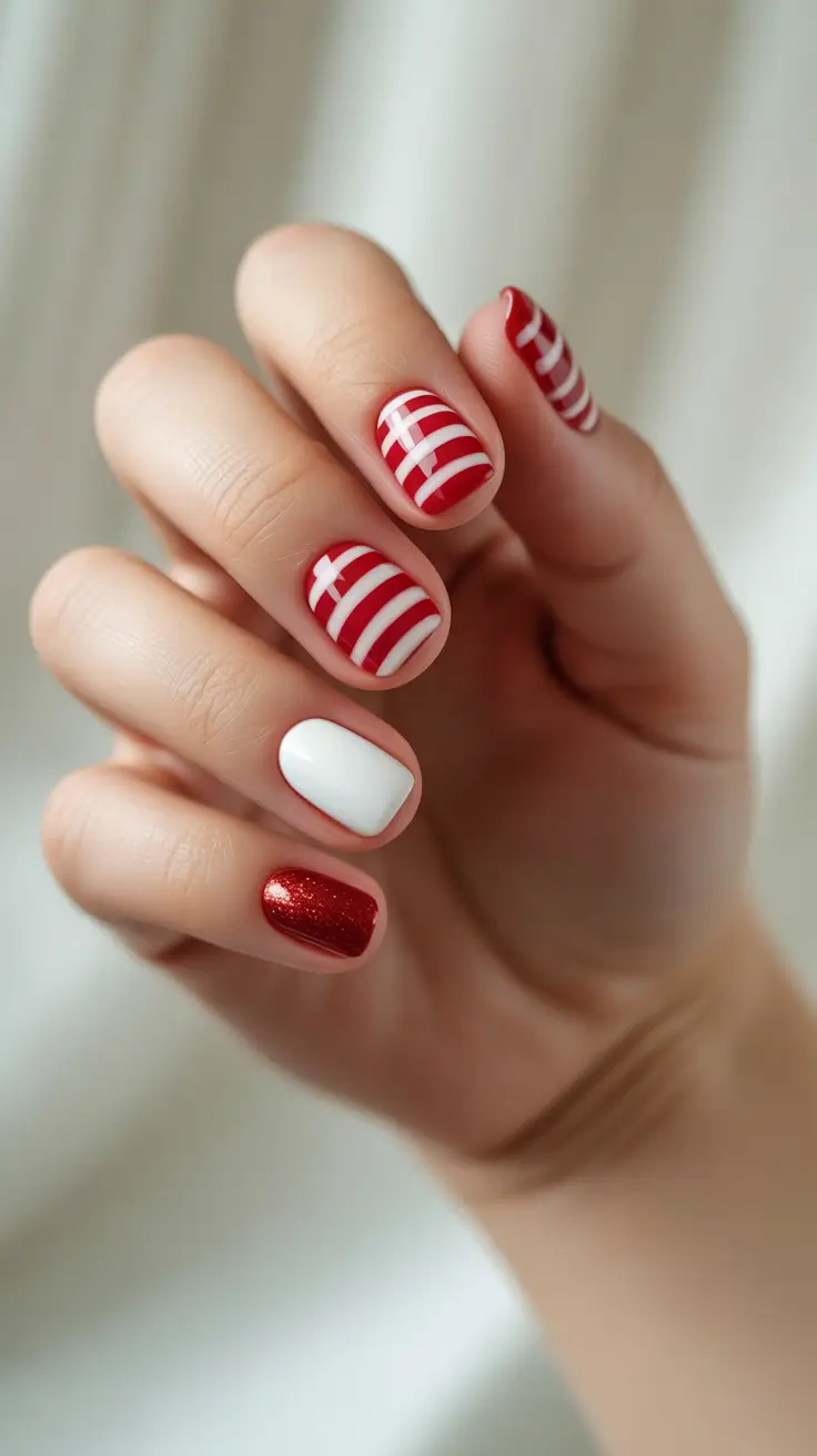 simple christmas nails ideas 2025 candy cane stripes with a modern edge