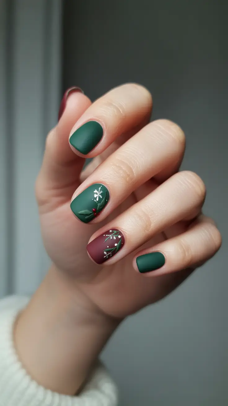 simple christmas nails ideas 2025 matte green and burgundy with 3d snowflakes