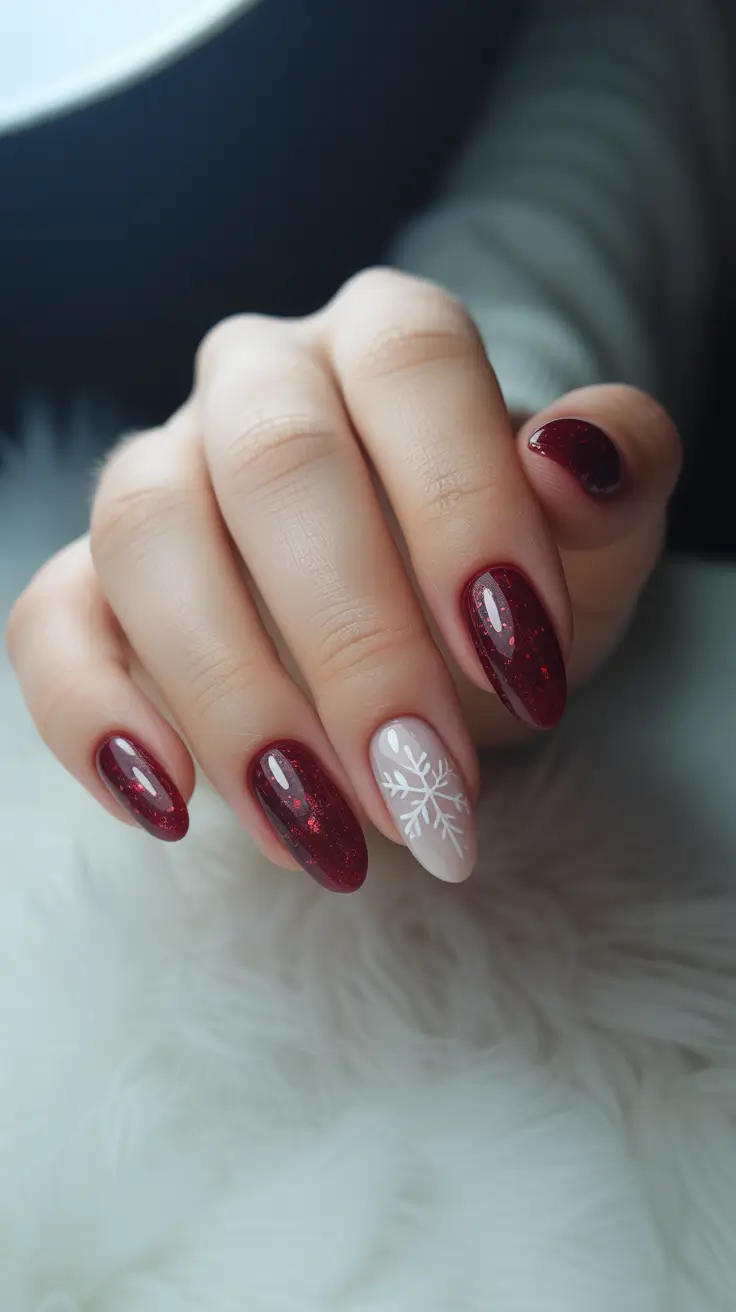 simple christmas nails ideas 2025 deep red sparkle with snowflake accent